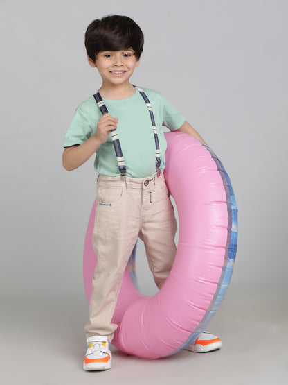 Boys Beige Washed Lycra Slimfit Trouser with Suspender
