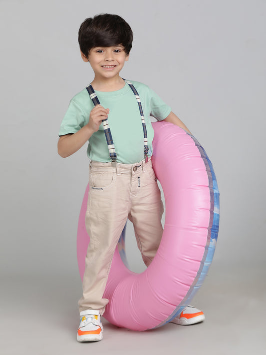 Boys Beige Washed Lycra Slimfit Trouser with Suspender