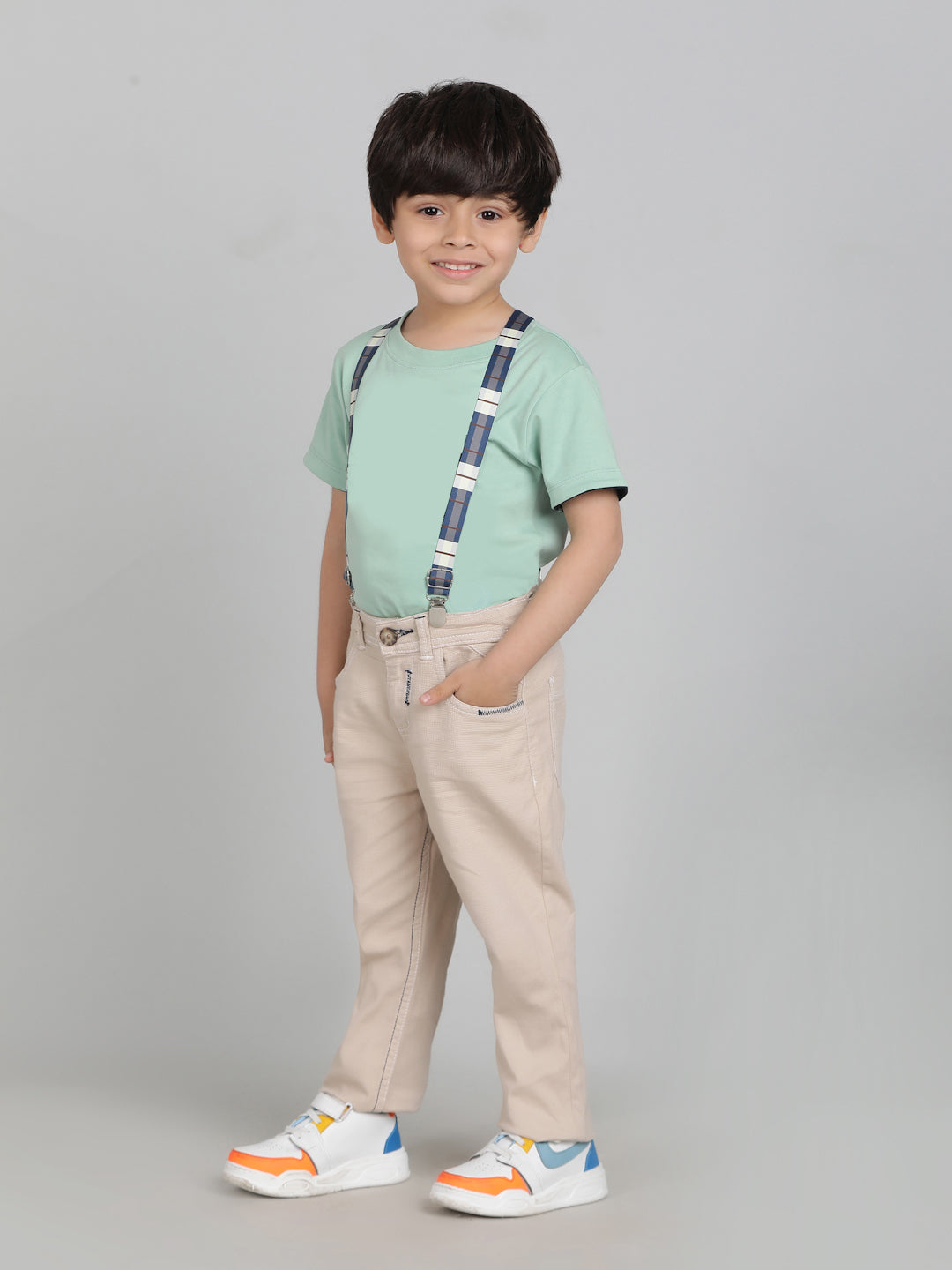 Boys Beige Washed Lycra Slimfit Trouser with Suspender