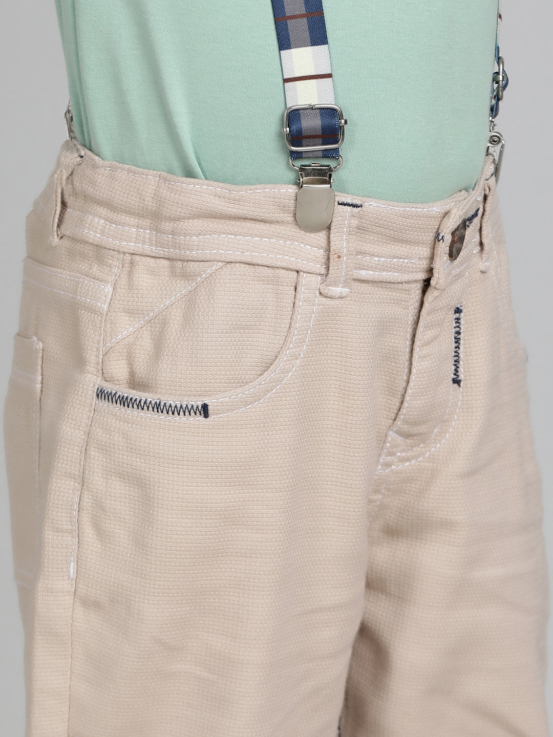 Boys Beige Washed Lycra Slimfit Trouser with Suspender