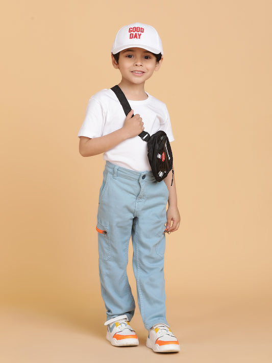Boys Sky Blue Washed Lycra Tapered Fit Trouser