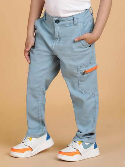Boys Sky Blue Washed Lycra Tapered Fit Trouser