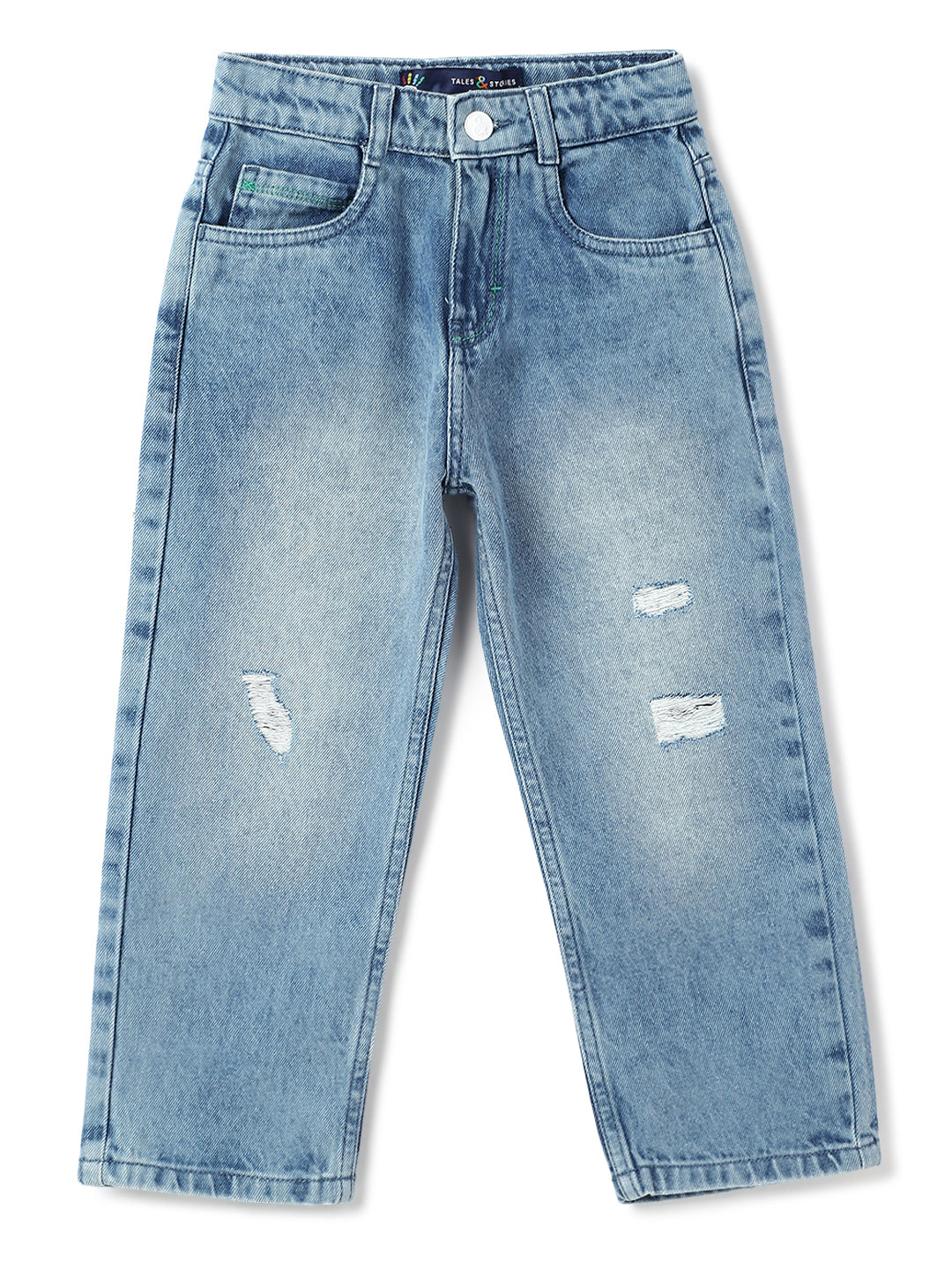Boys Light Blue Cotton Washed Baggy Fit Jeans