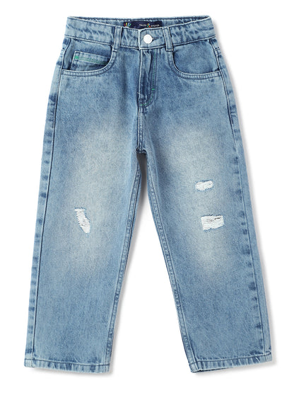 Boys Light Blue Cotton Washed Baggy Fit Jeans