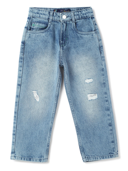 Boys Light Blue Cotton Washed Baggy Fit Jeans