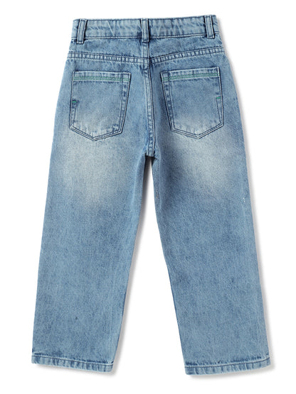 Boys Light Blue Cotton Washed Baggy Fit Jeans