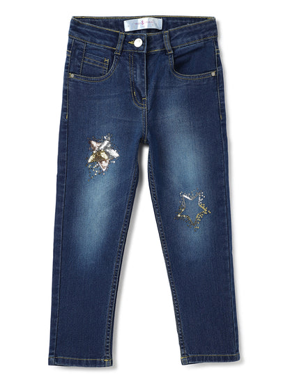 Girls Dark Blue Lycra Sequins Embroidery Slim Fit Jeans