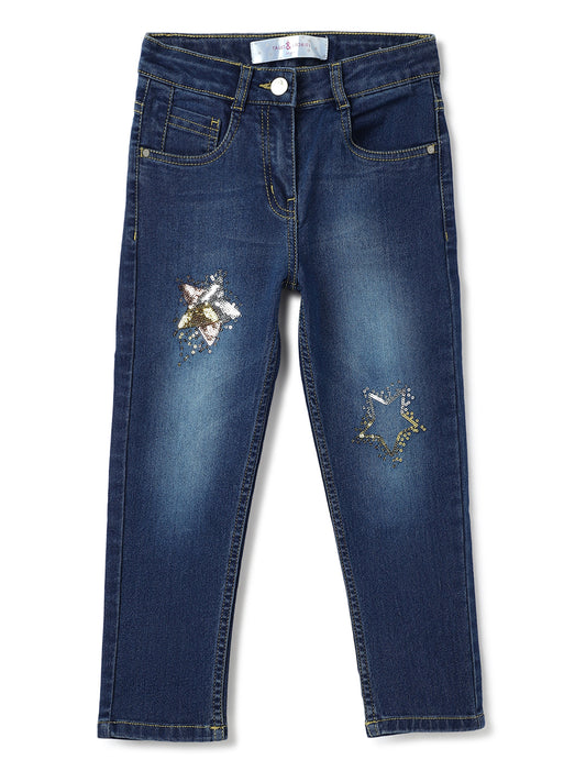 Girls Dark Blue Lycra Sequins Embroidery Slim Fit Jeans