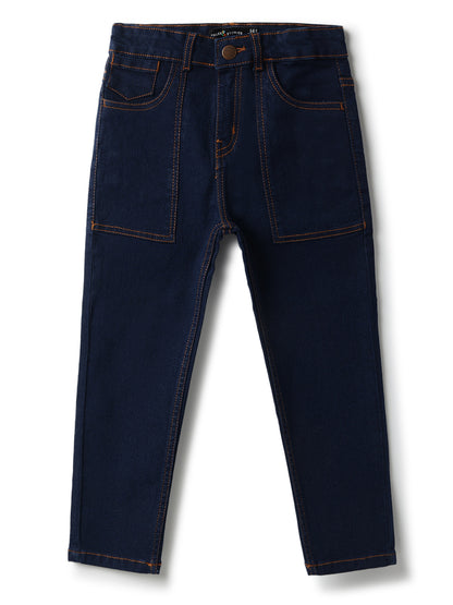 Boys Cotton Blue Printed Shirt With Blue Denim Washed Slim Fit Jeans