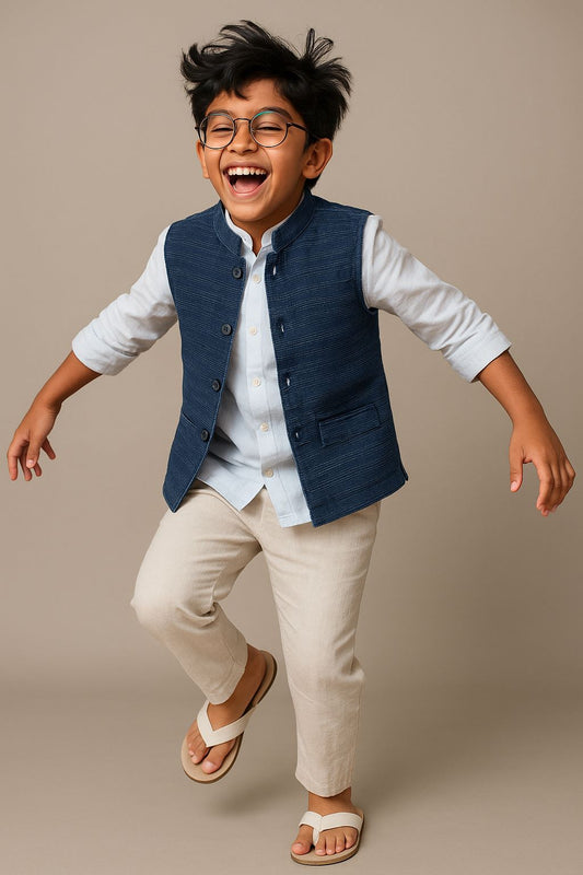 Boys Dark Blue Cotton Stripe Waist Coat