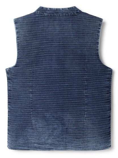 Boys Dark Blue Cotton Stripe Waist Coat