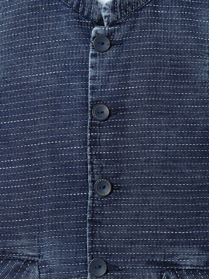 Boys Dark Blue Cotton Stripe Waist Coat