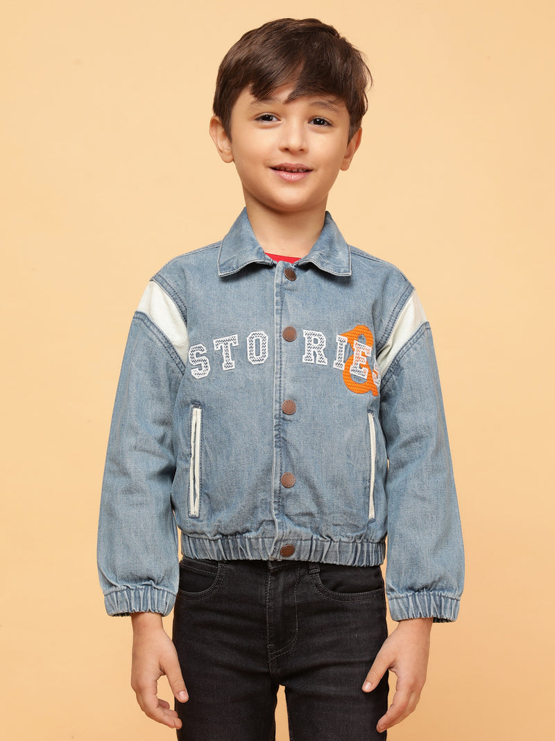 Boys Blue Embroidered Cotton Casual Jacket