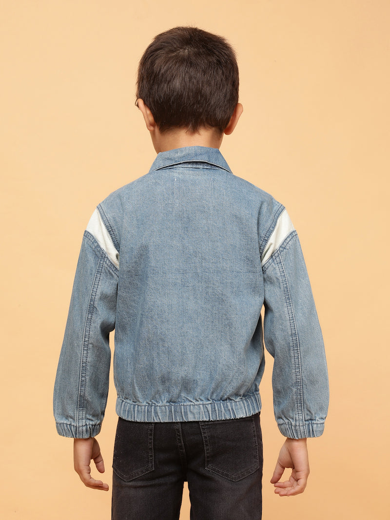 Boys Blue Embroidered Cotton Casual Jacket