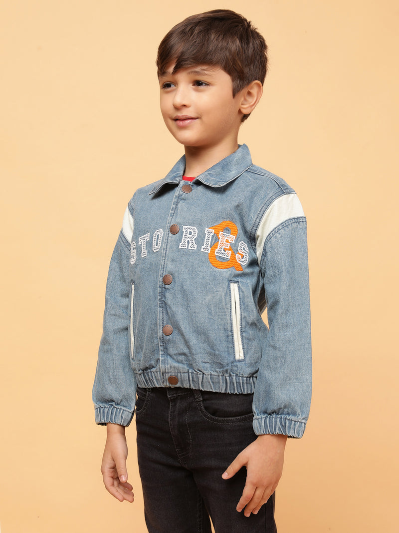 Boys Blue Embroidered Cotton Casual Jacket