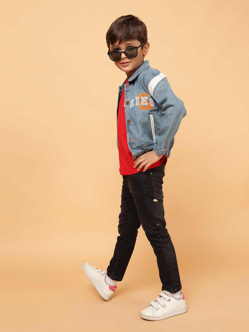 Boys Blue Embroidered Cotton Casual Jacket