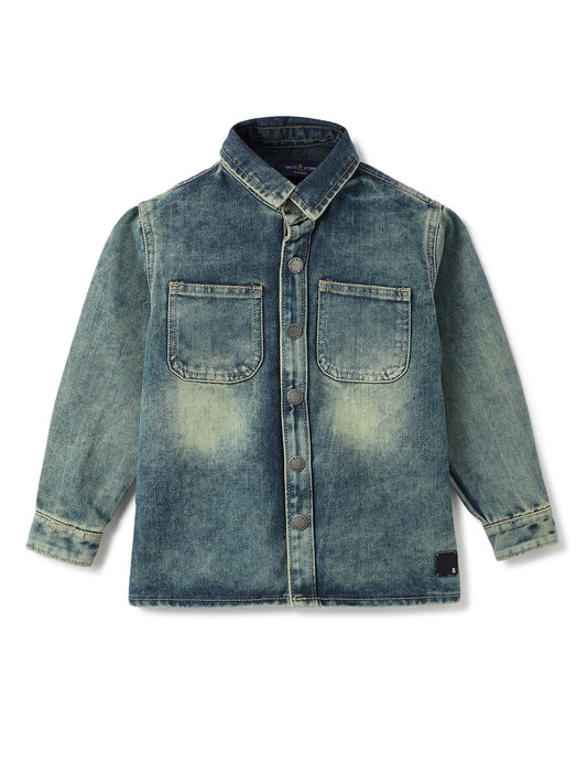 Boys Blue Cotton Poly Washed Shirt