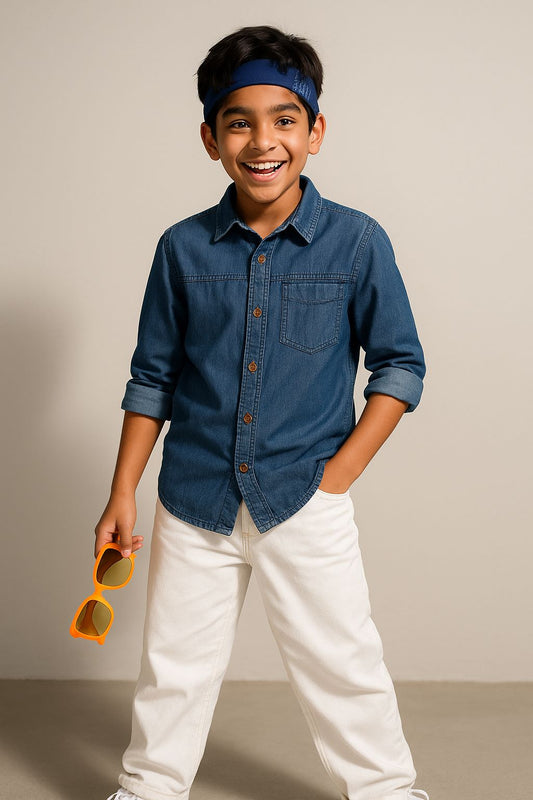Boys Dark Blue Cotton Washed Shirt