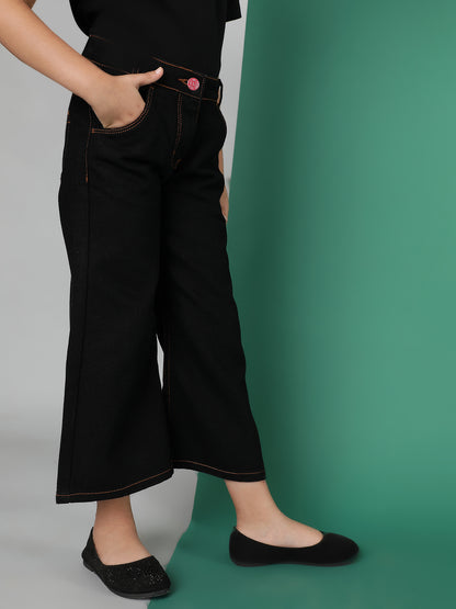 Girls Black Washed Cotton-Poly Jeans