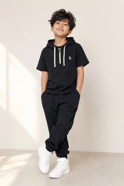 Boys Cotton Black Oversized Hoodie T-Shirt