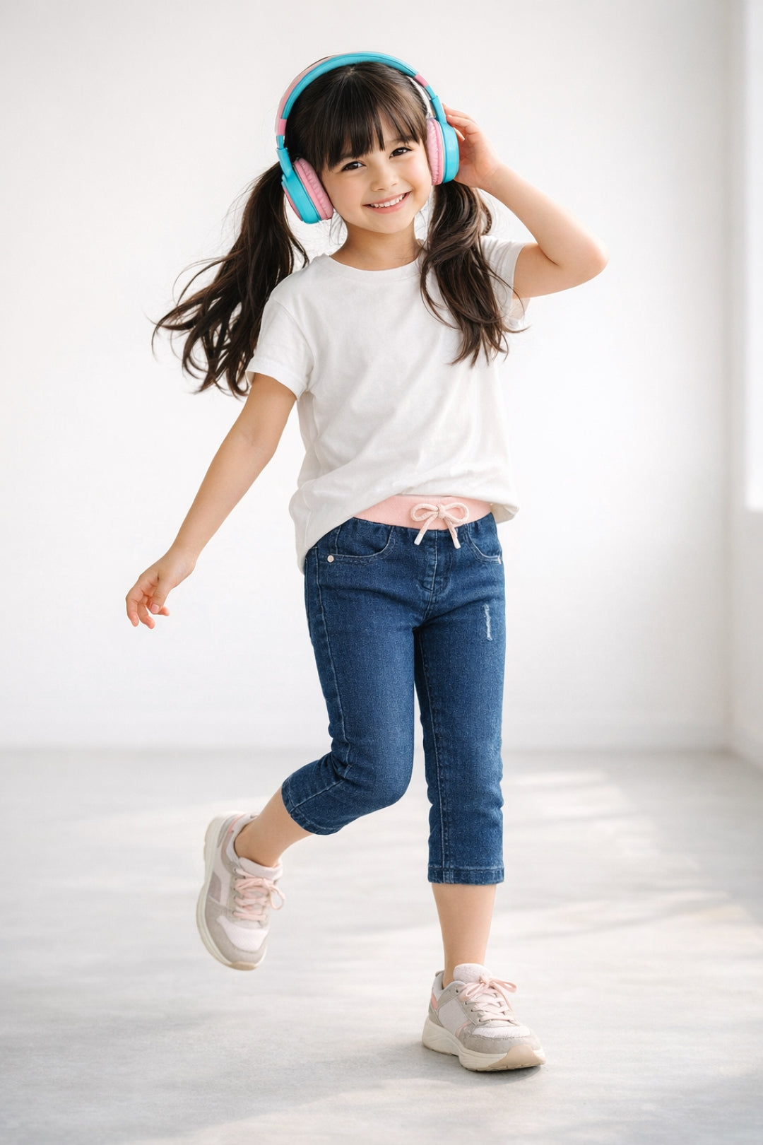 Girls Denim Dark Blue Capri With Suspander