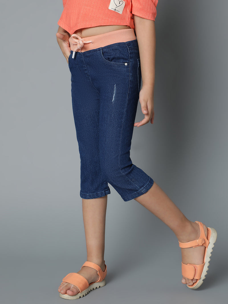 Girls Denim Dark Blue Capri With Suspander