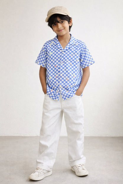 Boys Sky Blue Checks Viscose Casual Shirt