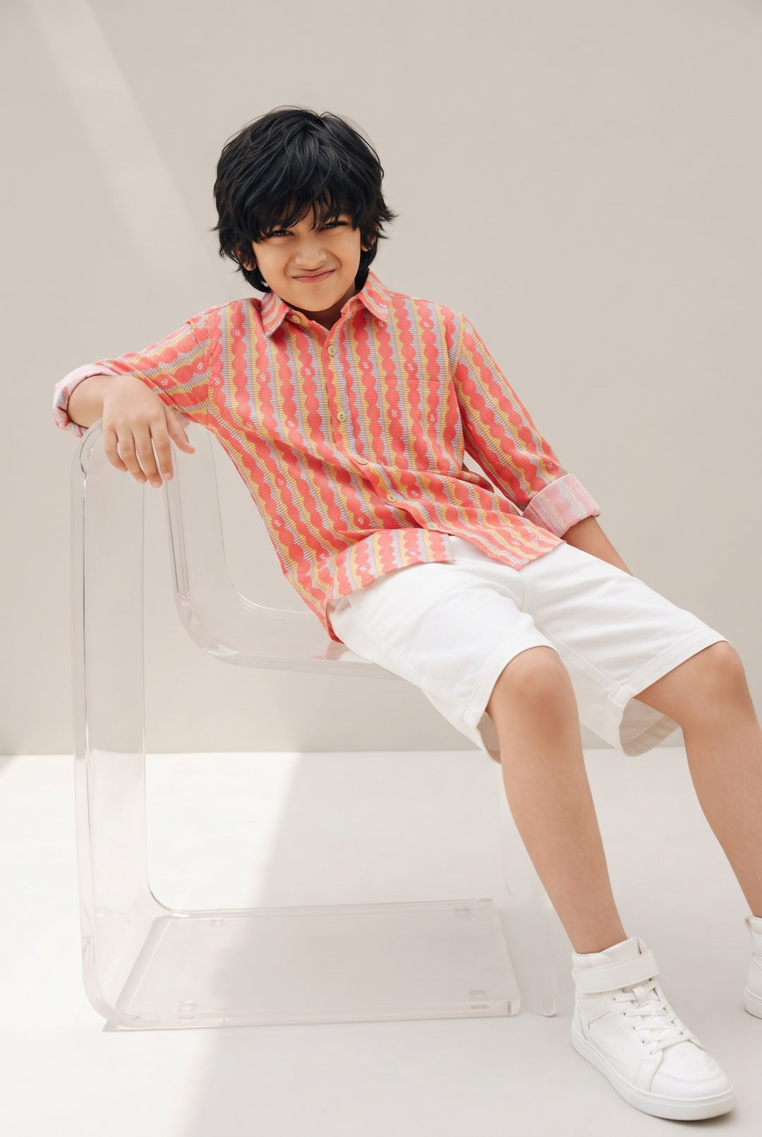 Boys Pink Viscose Casual Printed Full-Sleeve Shirt