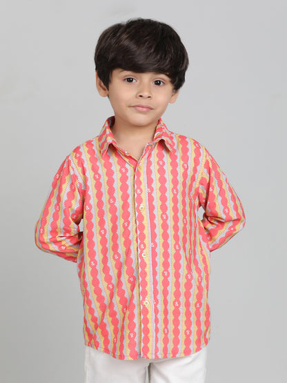 Boys Pink Viscose Casual Printed Full-Sleeve Shirt
