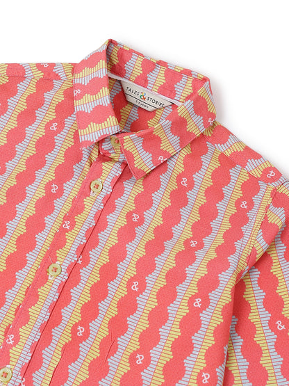 Boys Cotton Printed Pink Shirt With White Lycra Denim Solid Relaxed Fit Jeans