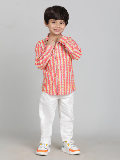 Boys Pink Viscose Casual Printed Full-Sleeve Shirt