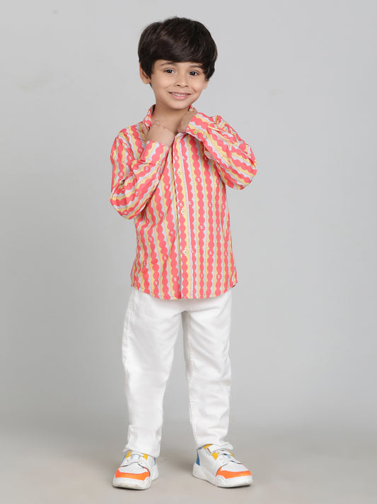 Boys Pink Viscose Casual Printed Full-Sleeve Shirt