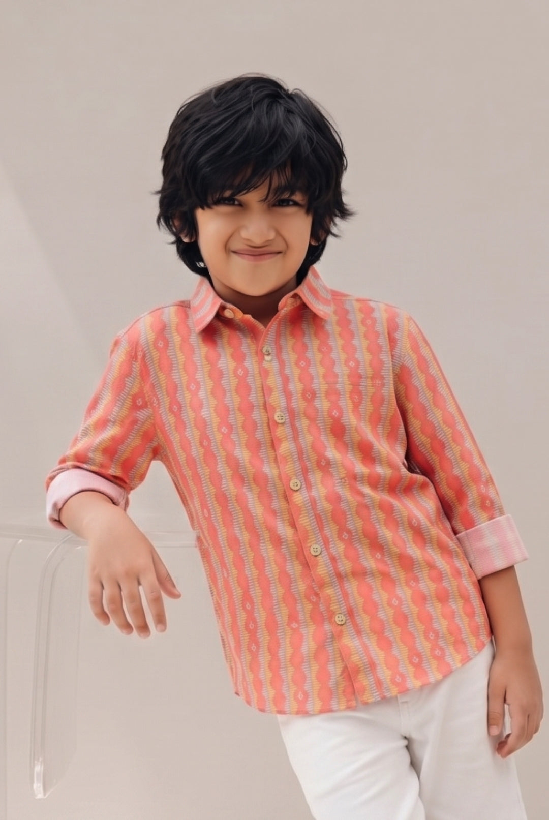 Boys Pink Viscose Casual Printed Full-Sleeve Shirt