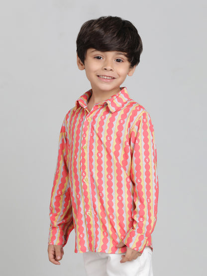 Boys Pink Viscose Casual Printed Full-Sleeve Shirt