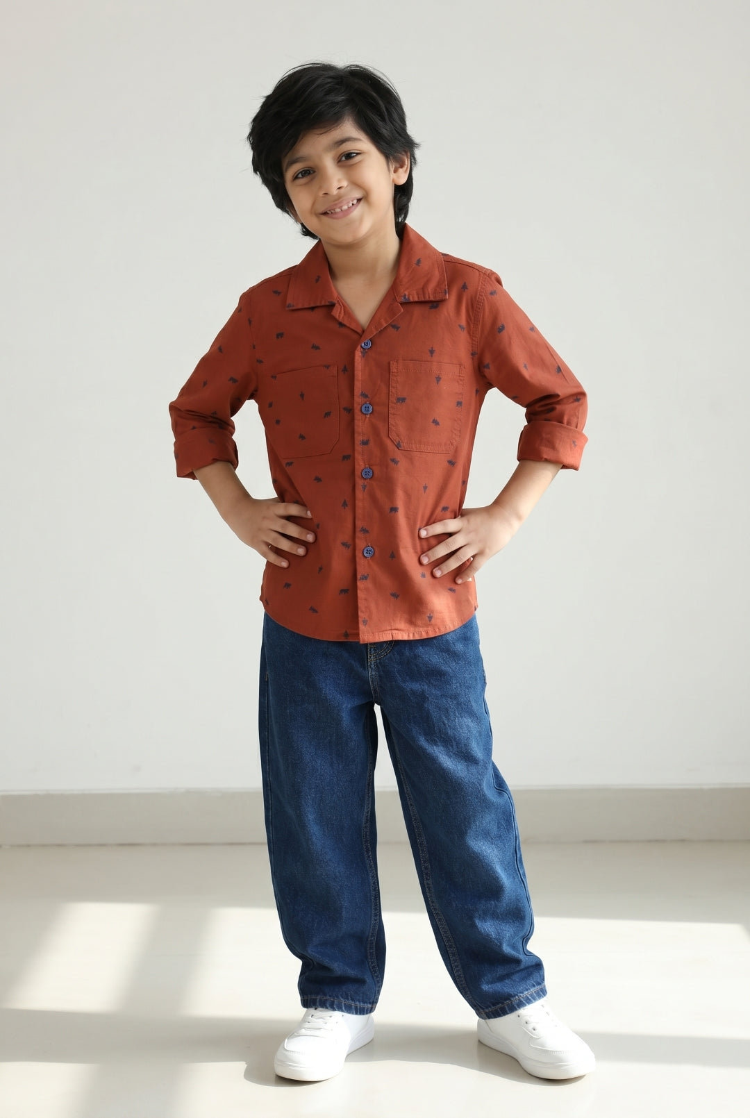 Boys Rust Cotton Full Sleeve Regular Fit Printed Casual Shirt