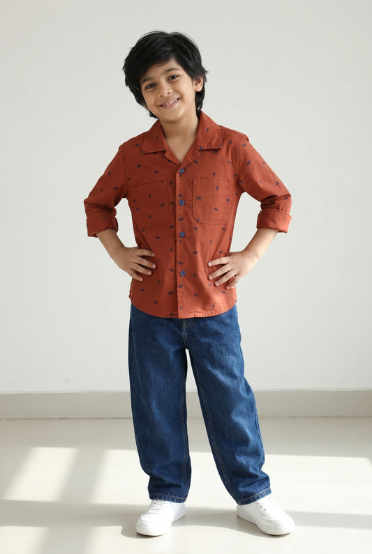 Boys Rust Cotton Full Sleeve Regular Fit Printed Casual Shirt