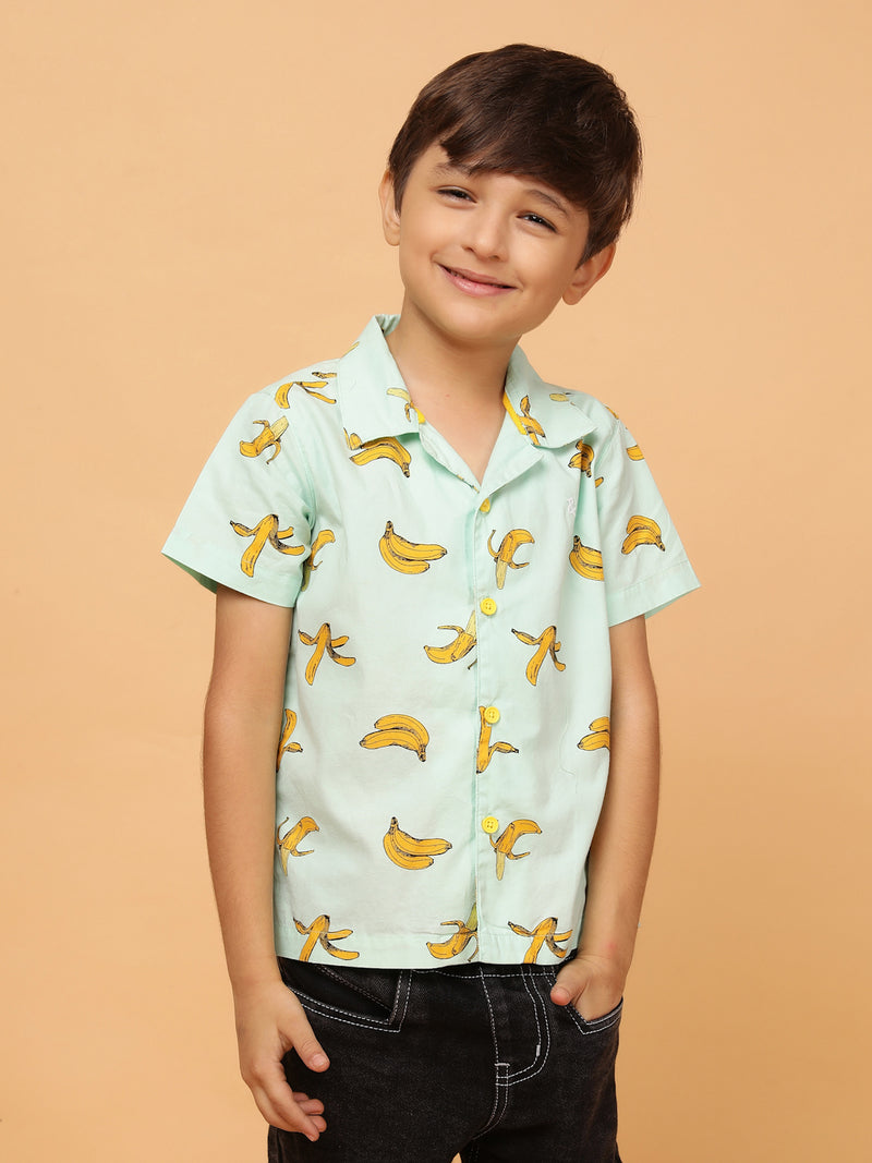 Boys Mint Green Print Cotton Casual Shirt