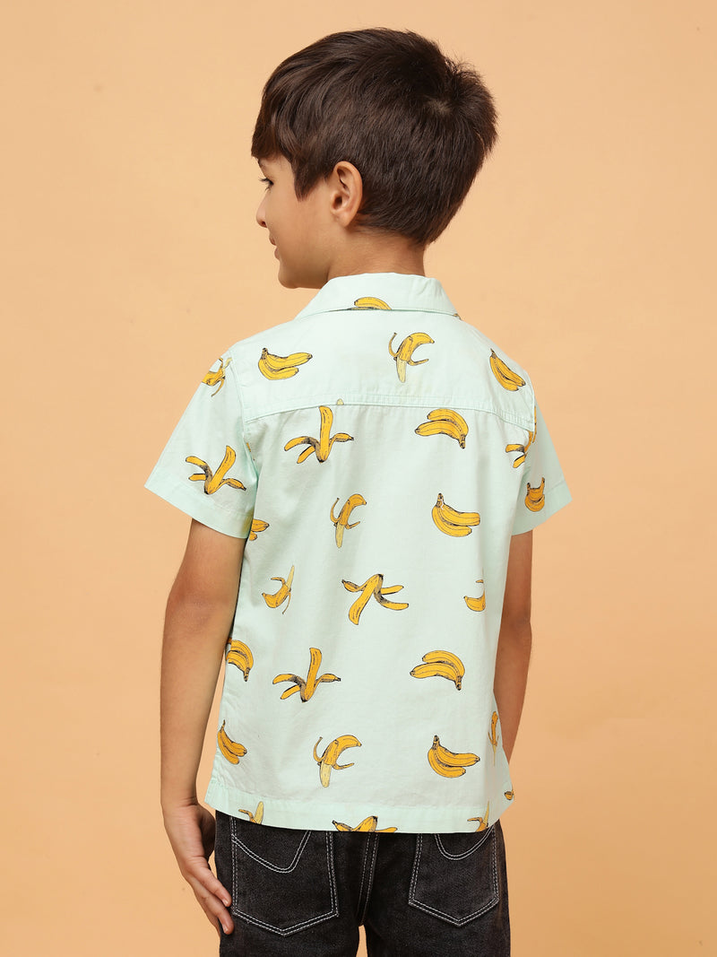 Boys Mint Green Print Cotton Casual Shirt