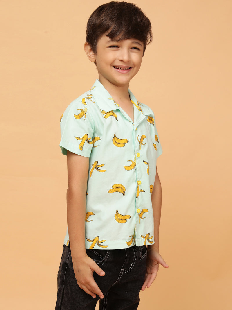 Boys Mint Green Print Cotton Casual Shirt