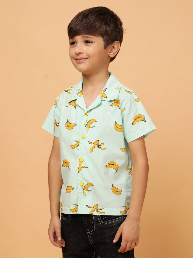 Boys Mint Green Print Cotton Casual Shirt