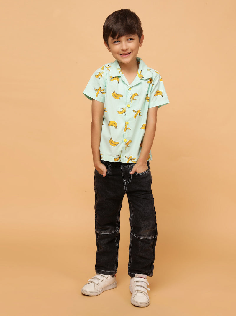 Boys Mint Green Print Cotton Casual Shirt