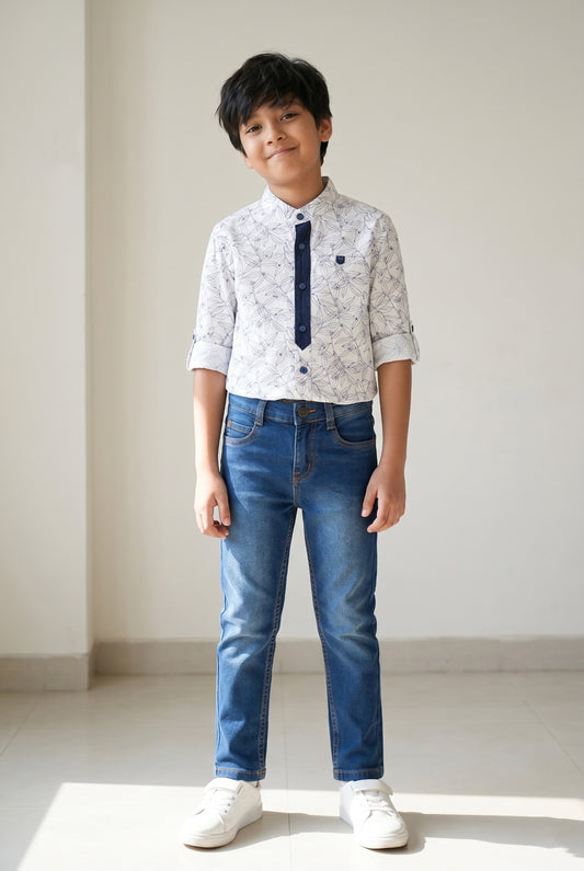 Boys Cotton White Shirt With Blue Denim Jeans Clothing Set