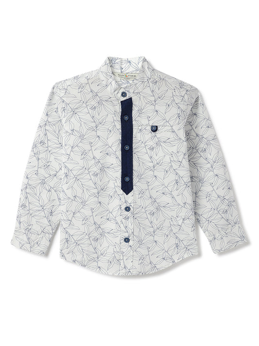 Boys White Cotton Print Shirt