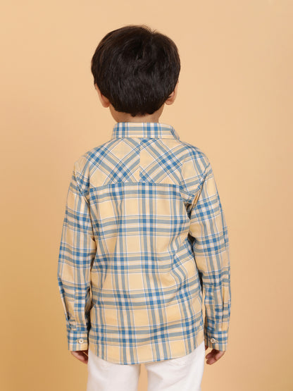 Boys Beige Casual Full Sleeve Checked Cotton Shirt