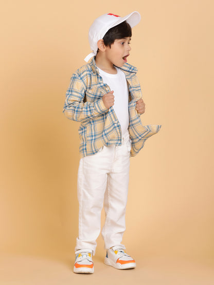 Boys Beige Casual Full Sleeve Checked Cotton Shirt