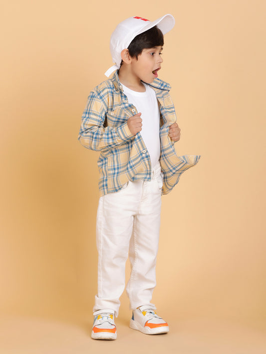 Boys Beige Casual Full Sleeve Checked Cotton Shirt
