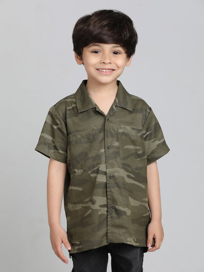 Boys Olive Cotton Half Sleeve  Camouflage Print Shirt