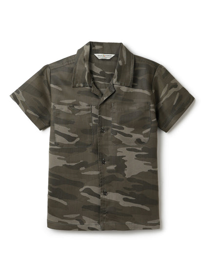 Boys Olive Cotton Half Sleeve Camouflage Print Shirt