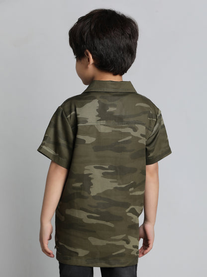 Boys Olive Cotton Half Sleeve  Camouflage Print Shirt