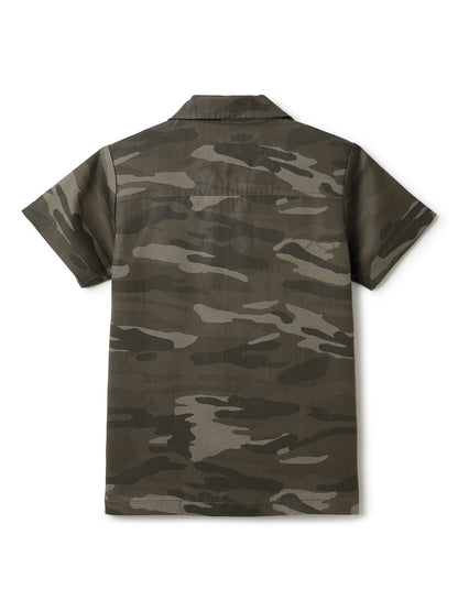 Boys Olive Cotton Half Sleeve Camouflage Print Shirt